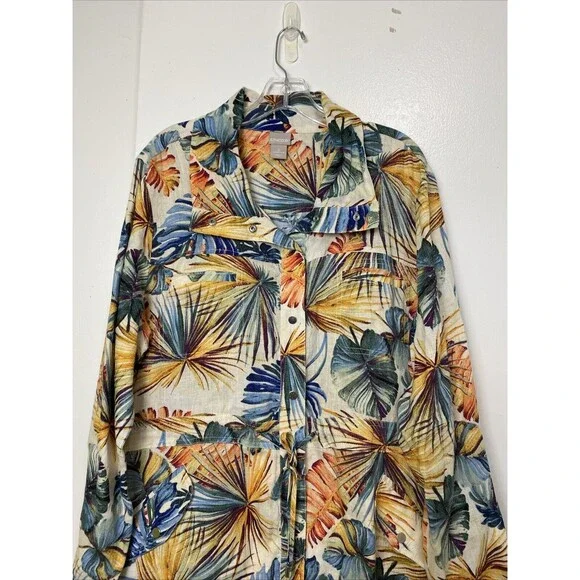 Chico’s Dress Hawaiian Floral Size 3 16/18 Linen Snap Up Pocket Drawstring Slits - Picture 3 of 16